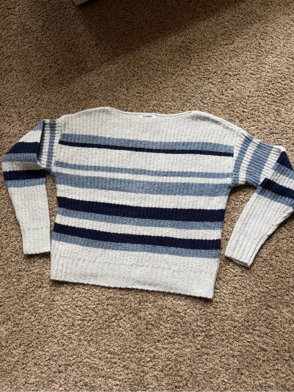 Old Navy Striped Crewneck Sweater in Light Gray and Navy Blue